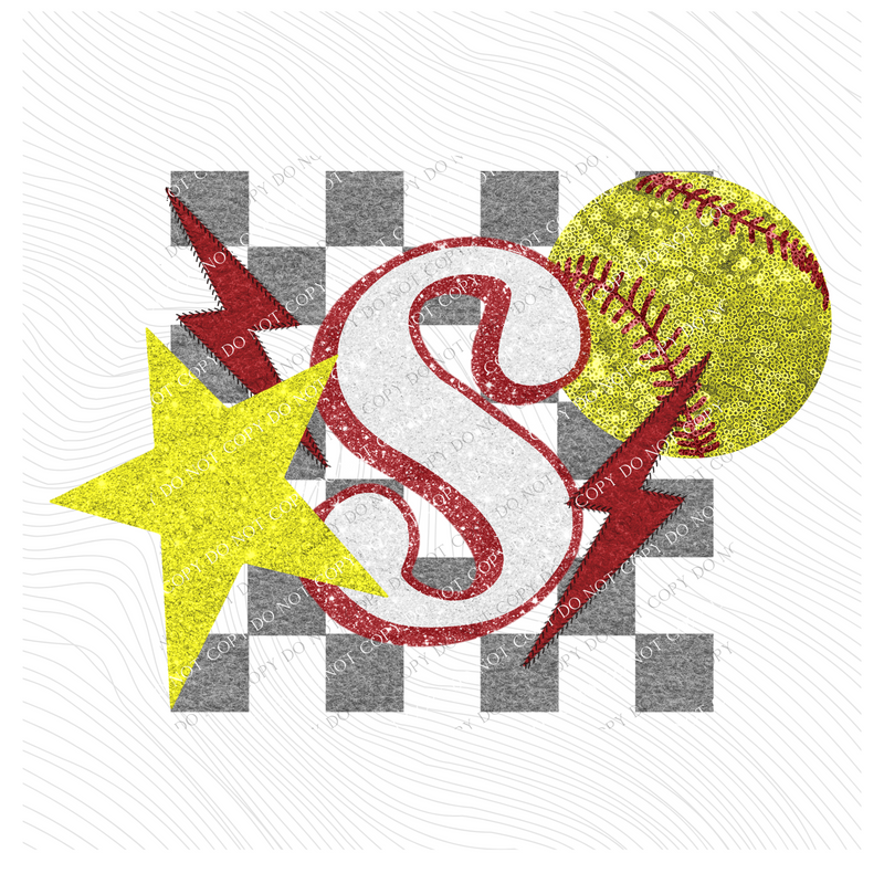 Softball Checkered Glitter Star & Stitched Bolt with Sequin Ball in Yellow, Grey & White Digital Design, PNG