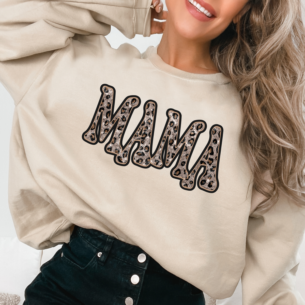 Mama Vintage Shadow Outline in Faux Sequin Leopard Digital Design, PNG Only