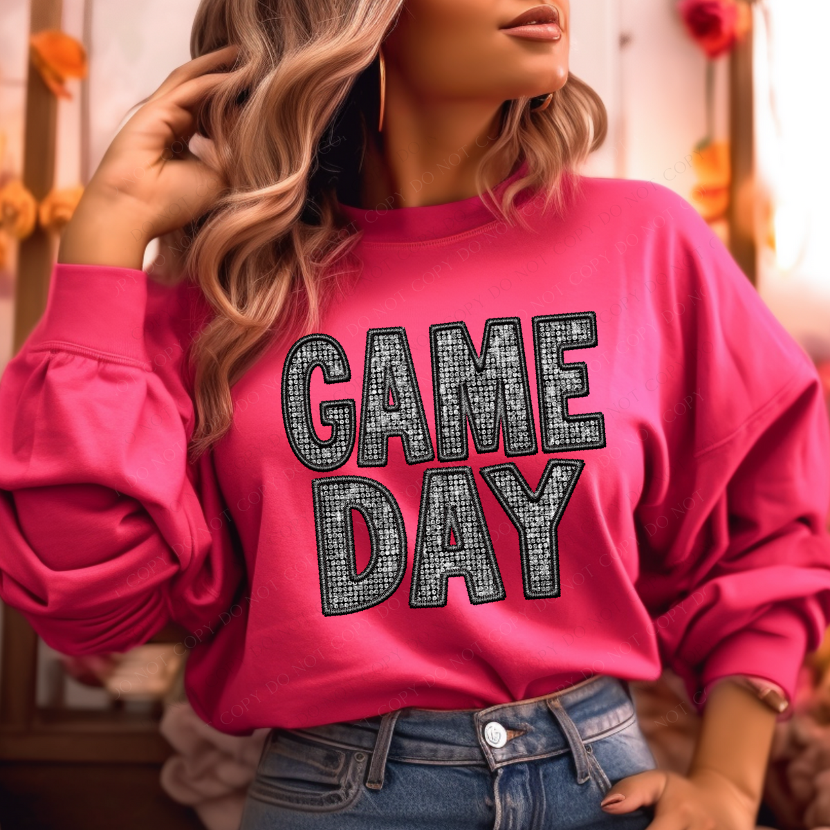 Game Day Faux Embroidery Diamonds Bling in Black Digital Design, PNG
