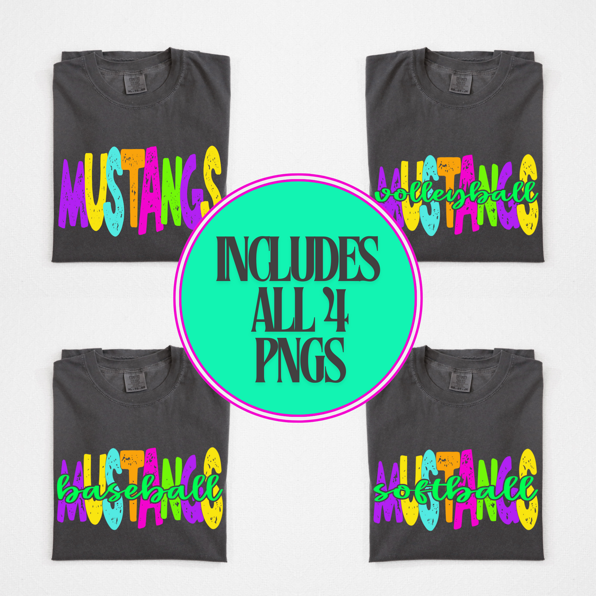 Mustangs Distressed Blank, Cutout Softball, Baseball & Volleyball in Neons all Included Digital Design, PNG