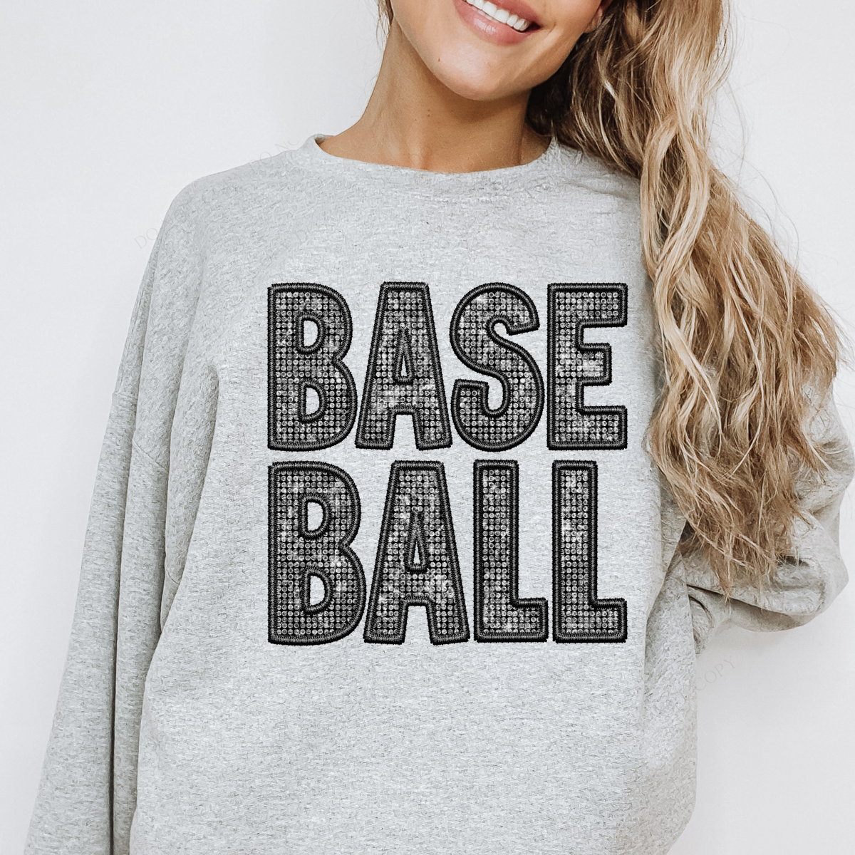 Baseball Faux Embroidery Diamonds Bling in Black Digital Design, PNG