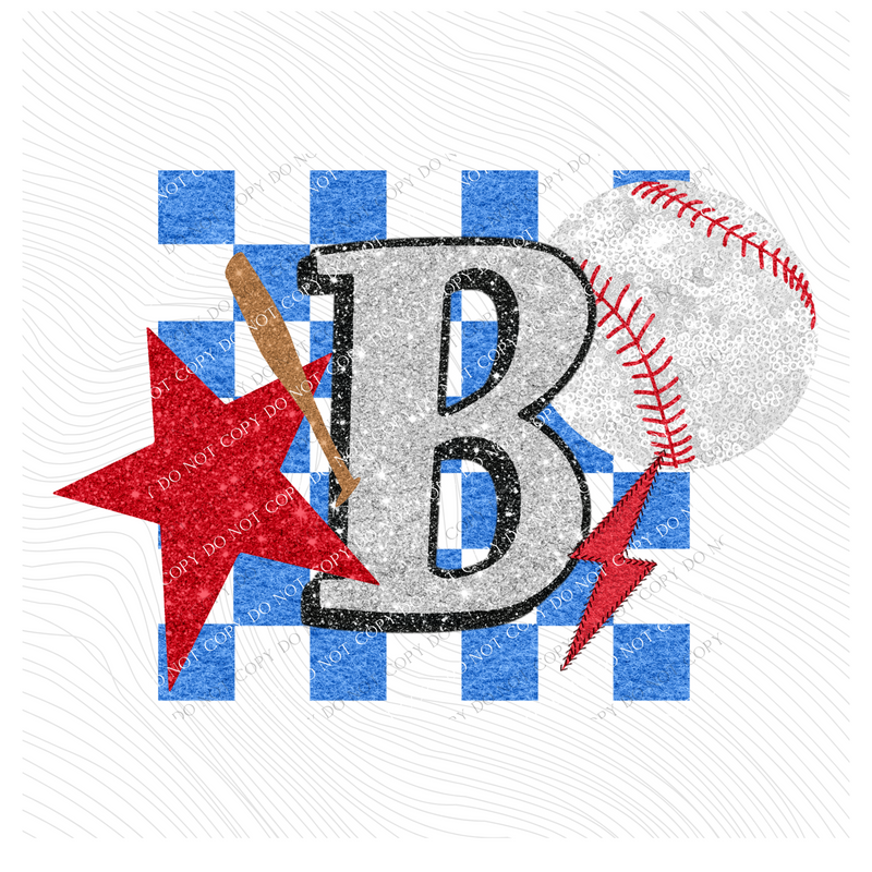 Baseball Checkered Glitter Star & Stitched Bolt with Sequin Ball in Blue, Red & Silver Digital Design, PNG