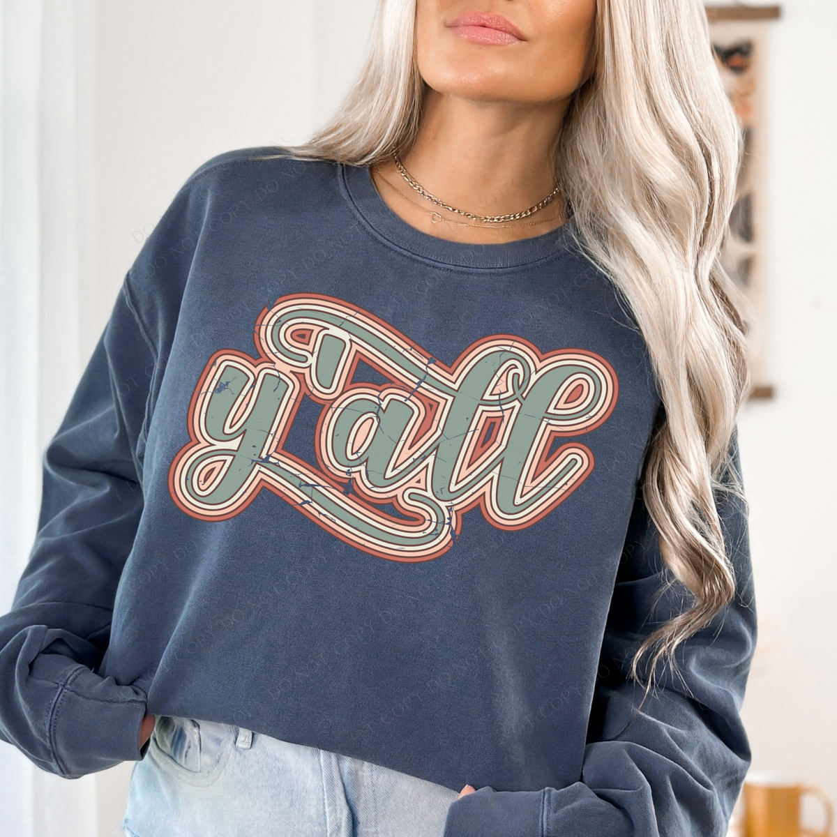 Y'all Boho Scroll Stacked Distressed in Muted Boho Colors Digital Design, PNG Only