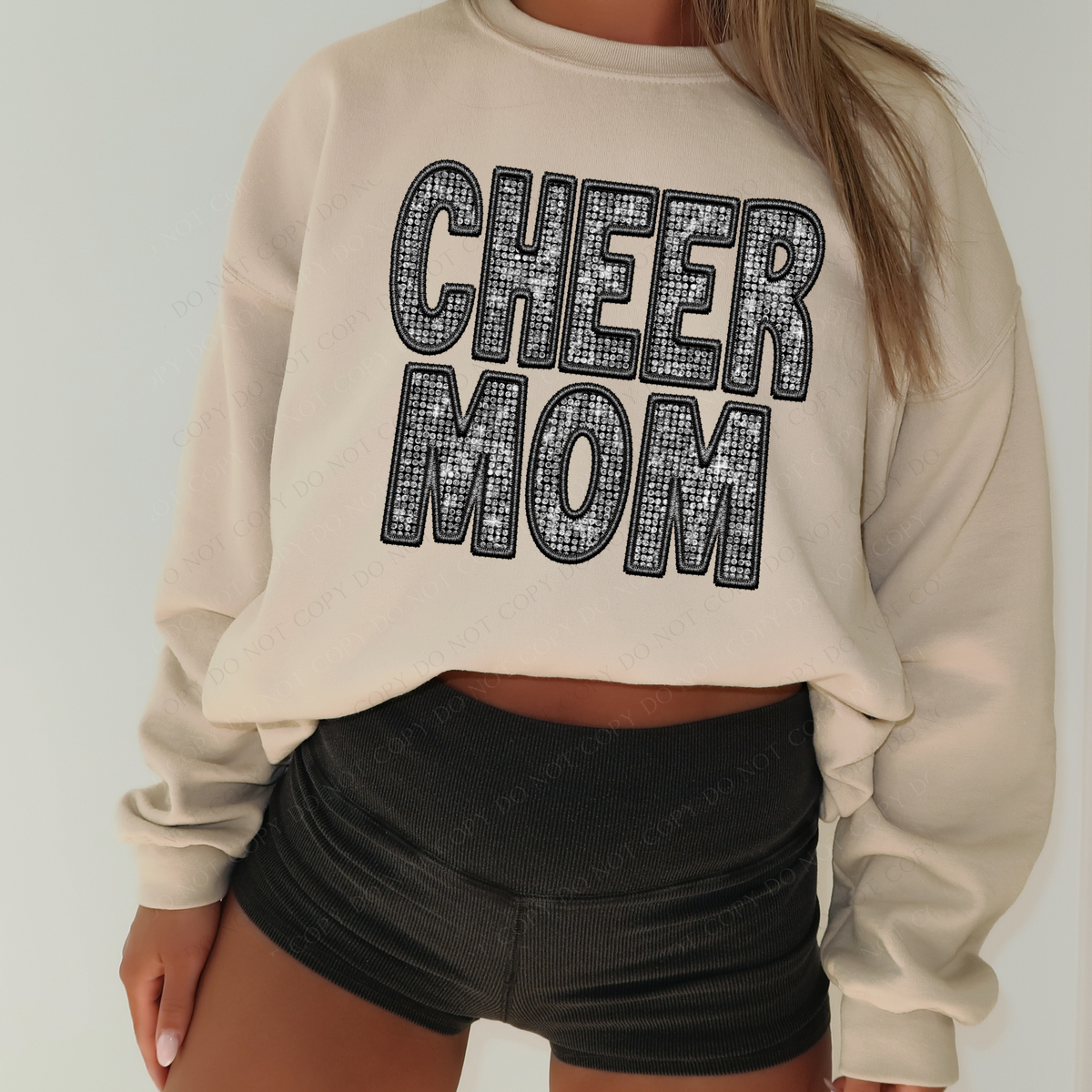 Cheer Mom Faux Embroidery Diamonds Bling in Black Digital Design, PNG