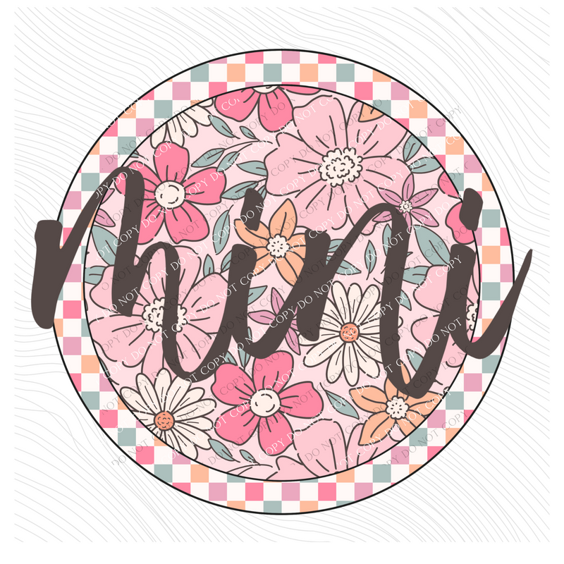 Mini Checkered Floral Script Circle in Summery Colors Digital Design, PNG