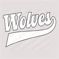 Wolves Aged Old School Digital Design in White with Black Outline, PNG