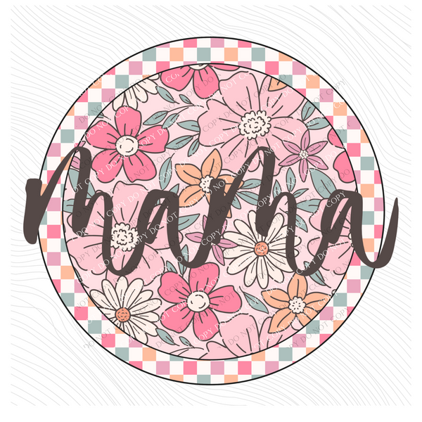 Mama Checkered Floral Script Circle in Summery Colors Digital Design, PNG