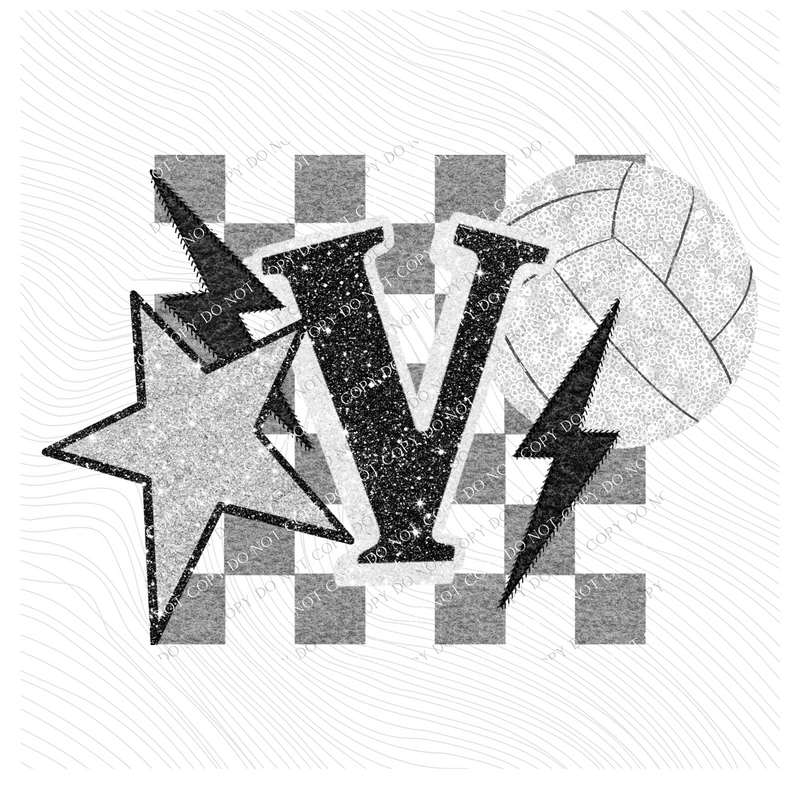 Volleyball Checkered Glitter Star & Stitched Bolt with Sequin Ball in Black, Grey & White Digital Design, PNG