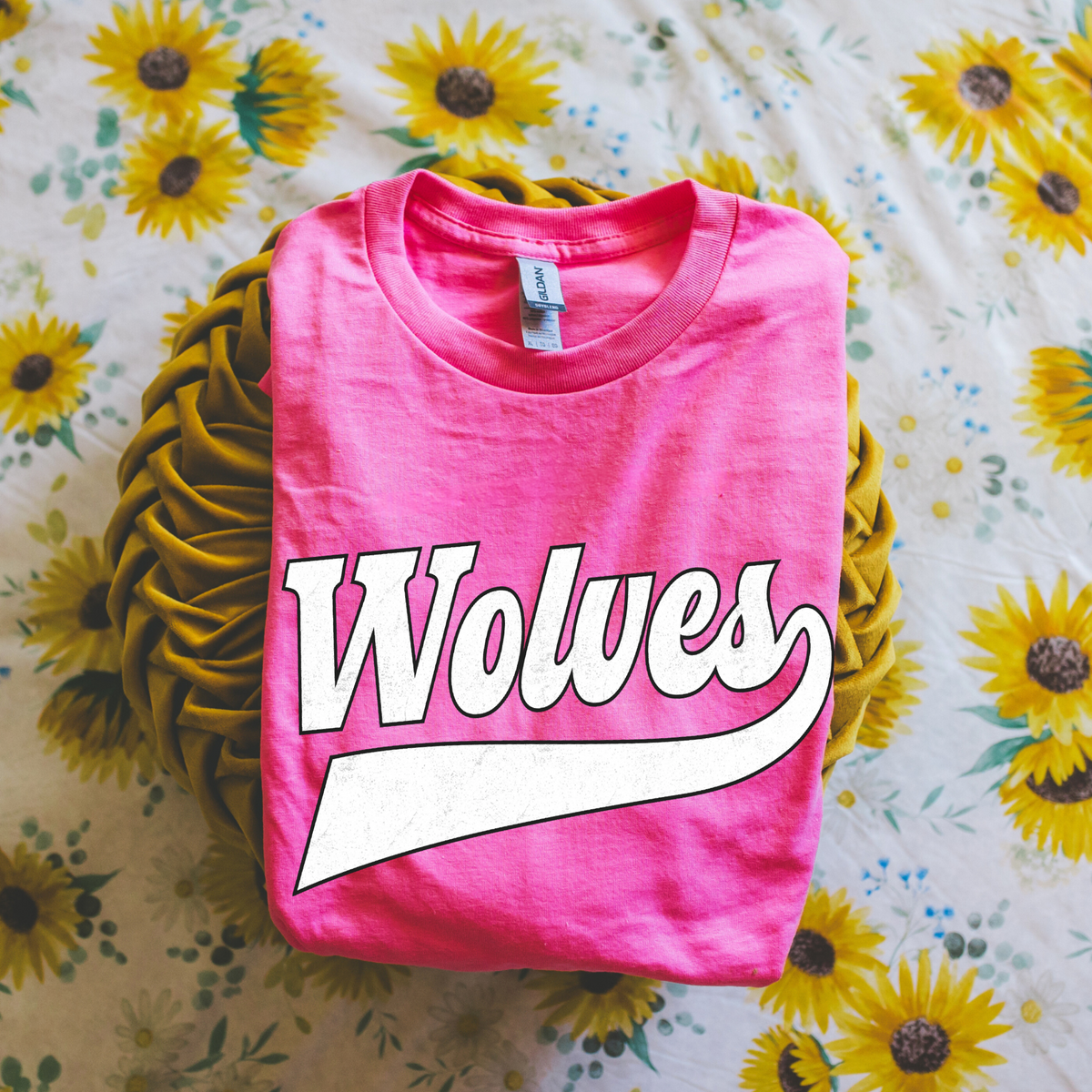 Wolves Aged Old School Digital Design in White with Black Outline, PNG