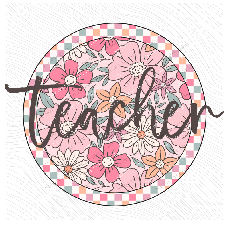 Teacher Checkered Floral Script Circle in Summery Colors Digital Design, PNG