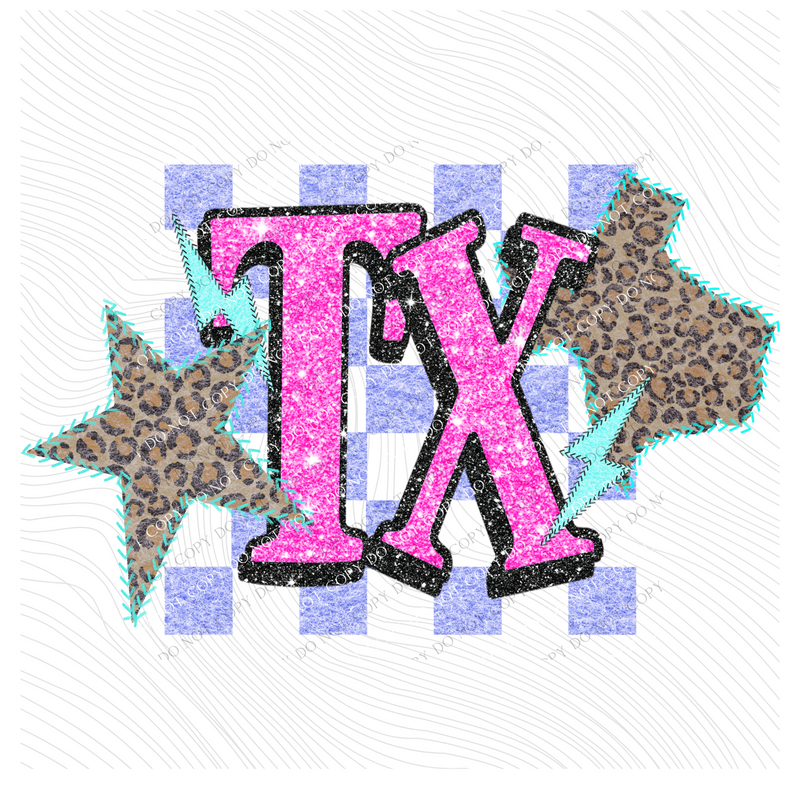 Texas Leopard Checkered Glitter Star & Stitched Bolt & State in Bright Summer Colors Digital Design, PNG