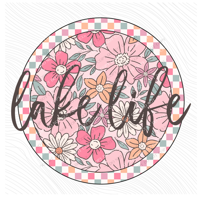 Lake Life Checkered Floral Script Circle in Summery Colors Digital Design, PNG