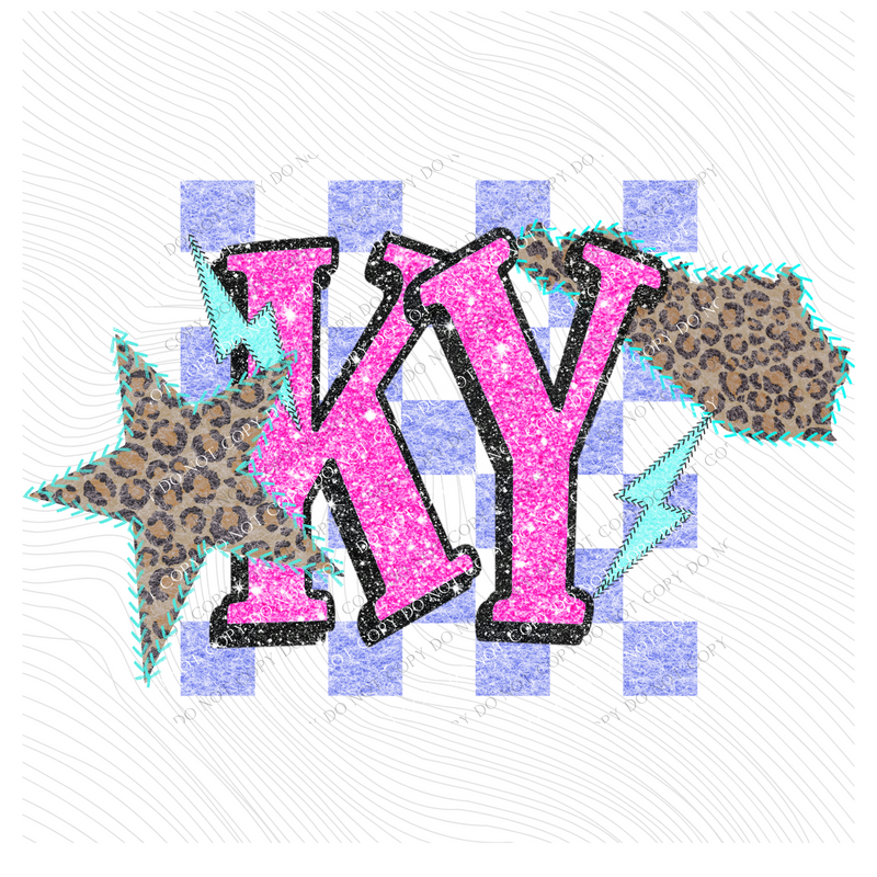 Kentucky Leopard Checkered Glitter Star & Stitched Bolt & State in Bright Summer Colors Digital Design, PNG