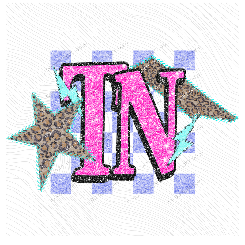 Tennessee Leopard Checkered Glitter Star & Stitched Bolt & State in Bright Summer Colors Digital Design, PNG