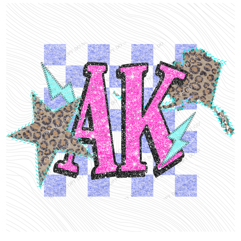 AK Alaska Leopard Checkered Glitter Star & Stitched Bolt & State in Bright Summer Colors Digital Design, PNG