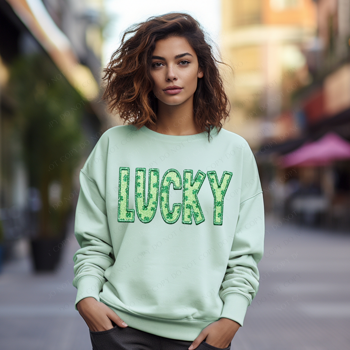 Lucky Faux Embroidery & Clovers Glitter St. Patrick's Day Digital Design, PNG