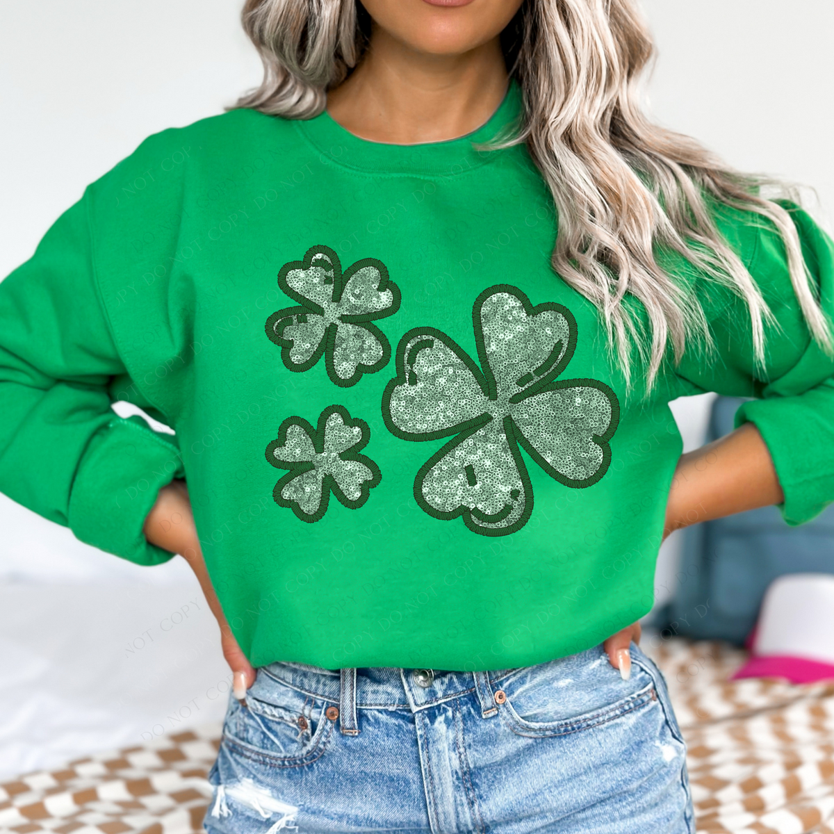 Four Leaf Clovers Faux Embroidery & Glitter Green St. Patrick's Day Digital Design, PNG