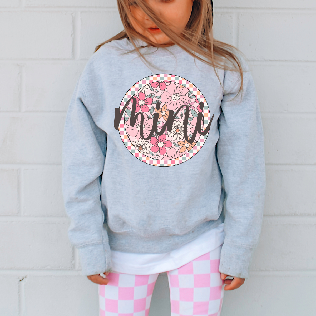 Mini Checkered Floral Script Circle in Summery Colors Digital Design, PNG