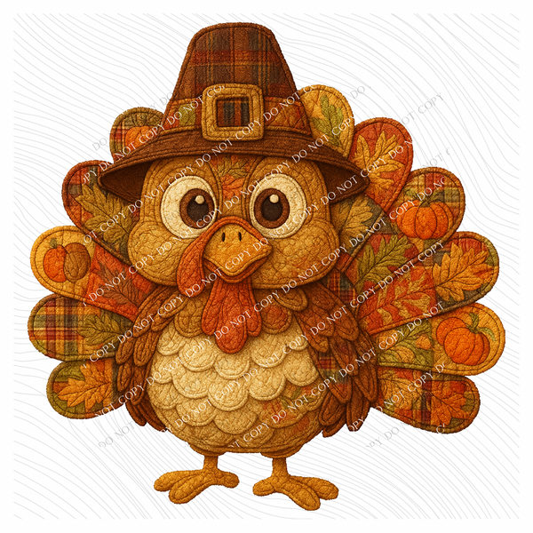 Cute Fall Turkey in 3D Quilted & Embroidery Style Digital Download, PNG