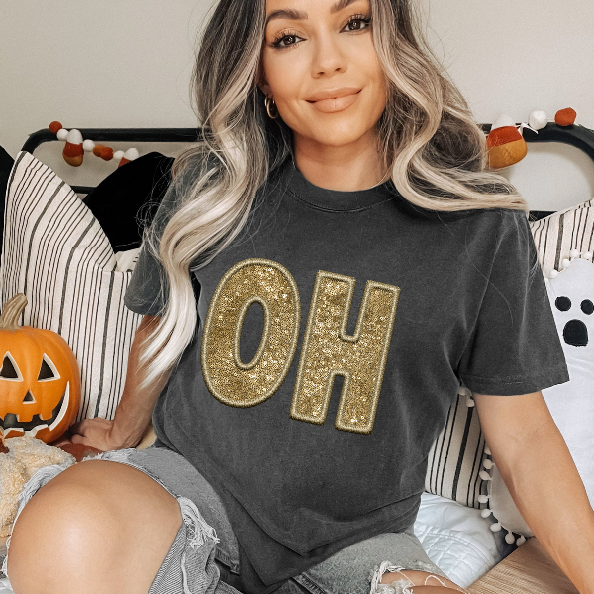 OH Ohio Embroidery Sequin Digital Design in Gold, PNG