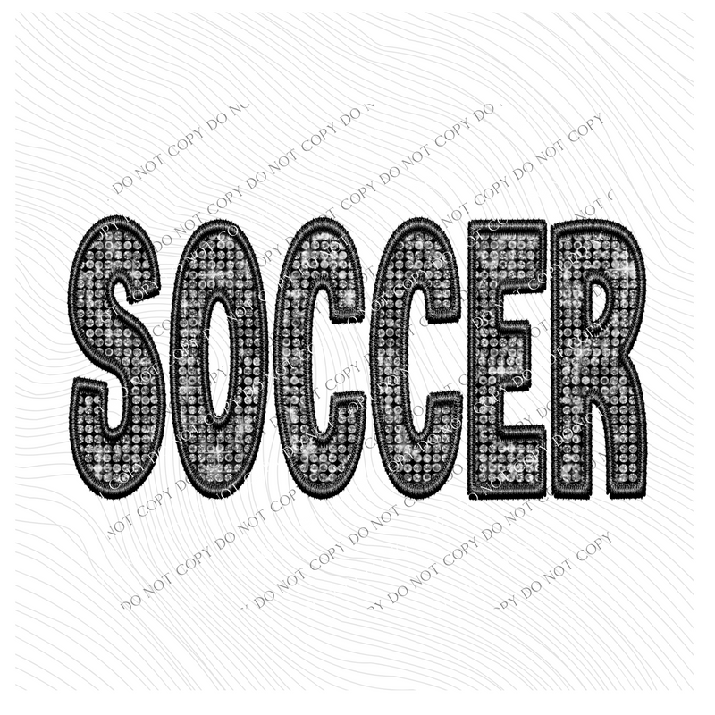 Soccer Faux Embroidery Diamonds Bling in Black Digital Design, PNG