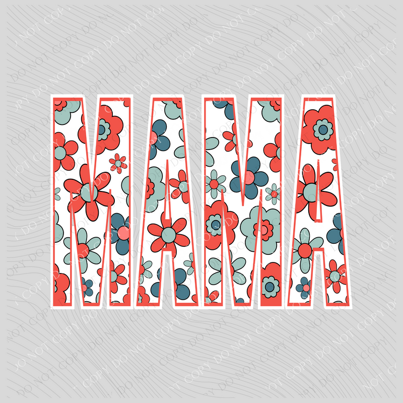 Mama Retro Floral Red, White & Blue Distressed Patriotic Digital Design, PNG