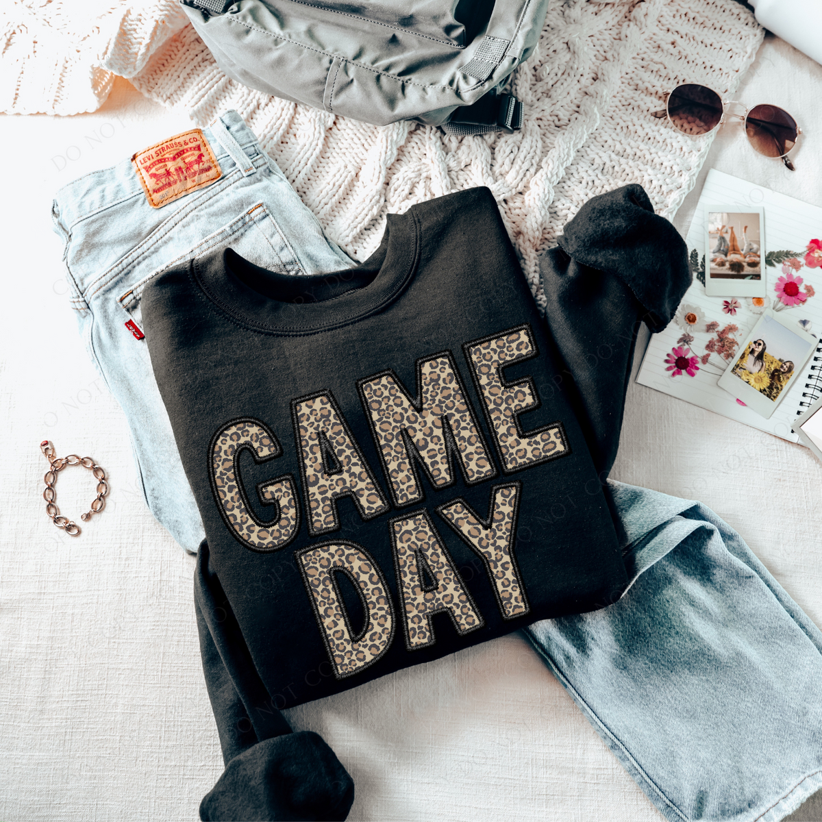 Game Day Leopard Embroidery & Script in Black and Leopard Digital Design, PNG