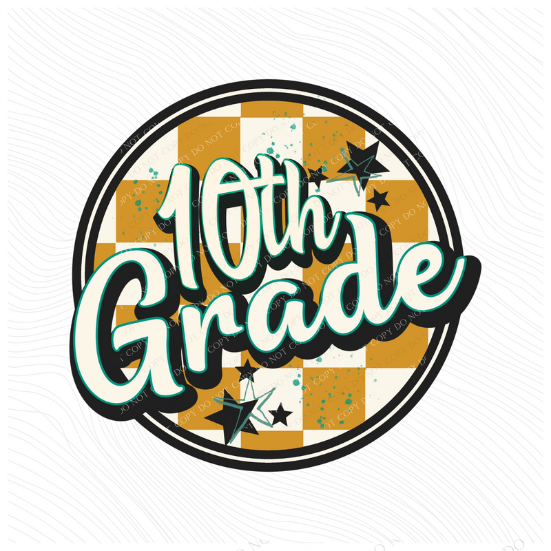 10th Grade Mustard Checkered Circle with Stars School Digital Design, PNG