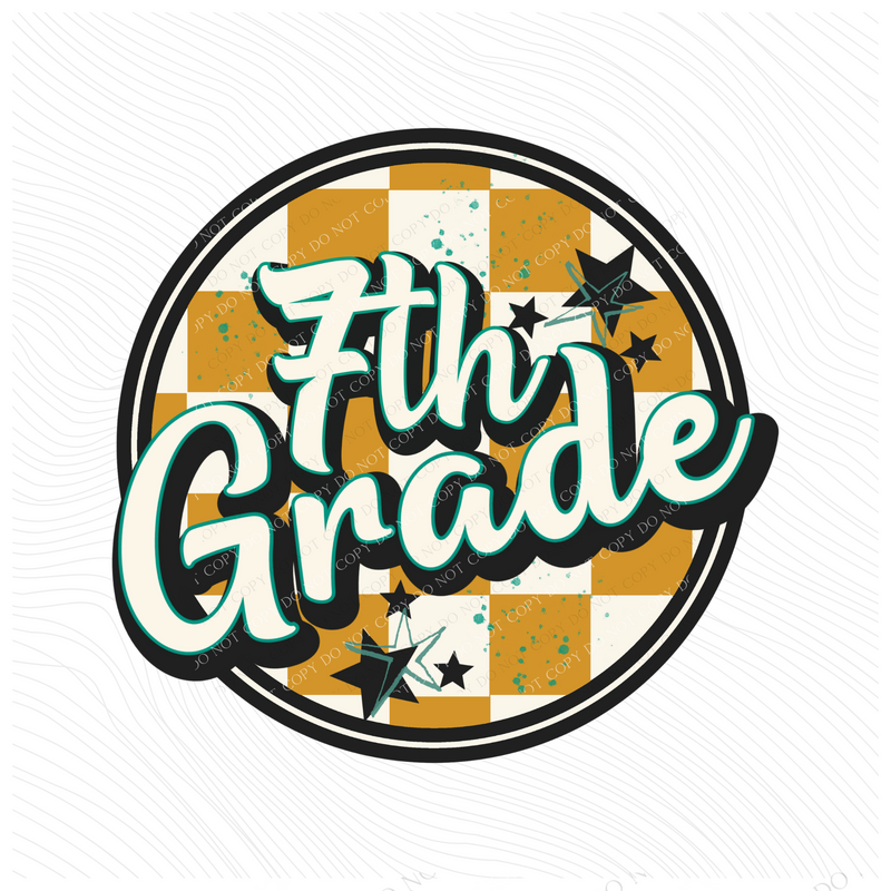 7th Grade Mustard Checkered Circle with Stars School Digital Design, PNG