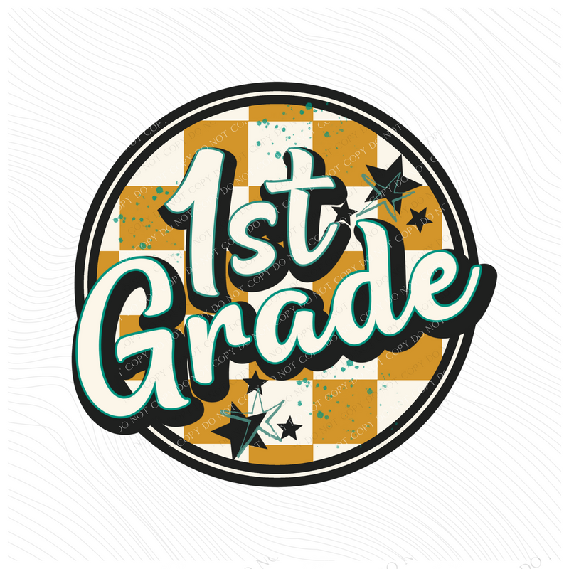 1st Grade Mustard Checkered Circle with Stars School Digital Design, PNG