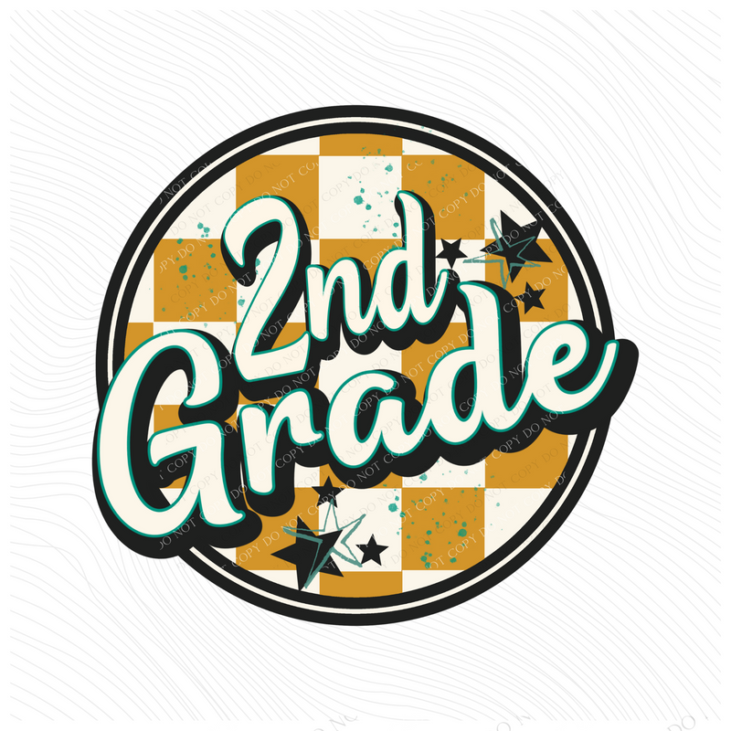 2nd Grade Mustard Checkered Circle with Stars School Digital Design, PNG