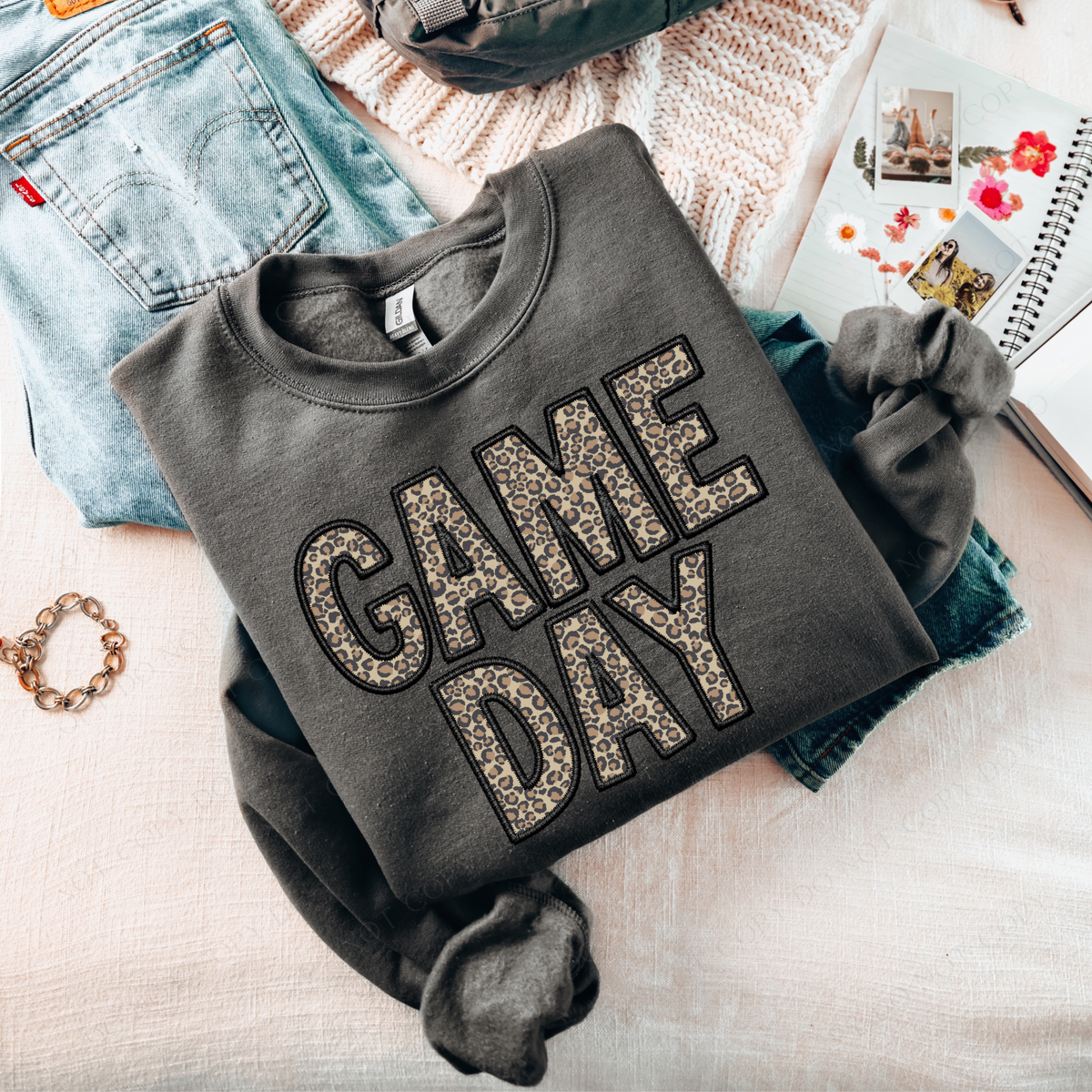 Game Day Leopard Embroidery & Script in Black and Leopard Digital Design, PNG