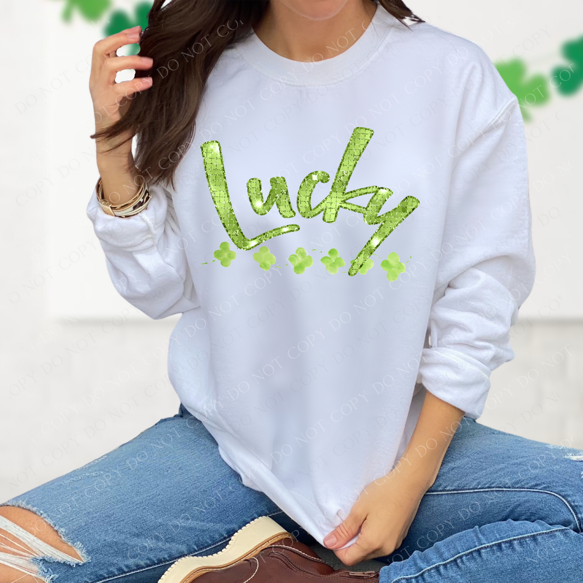 Lucky Green Glitter & Bling Curved Shamrock St. Patrick's Day Digital Design, PNG