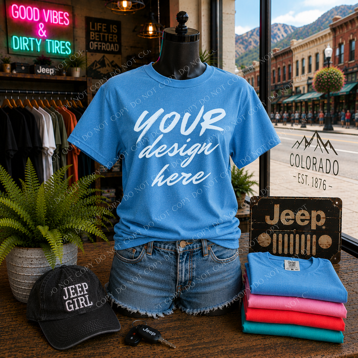 Jeep Girl Blank Mockup, Comfort Colors 1717 Sapphire