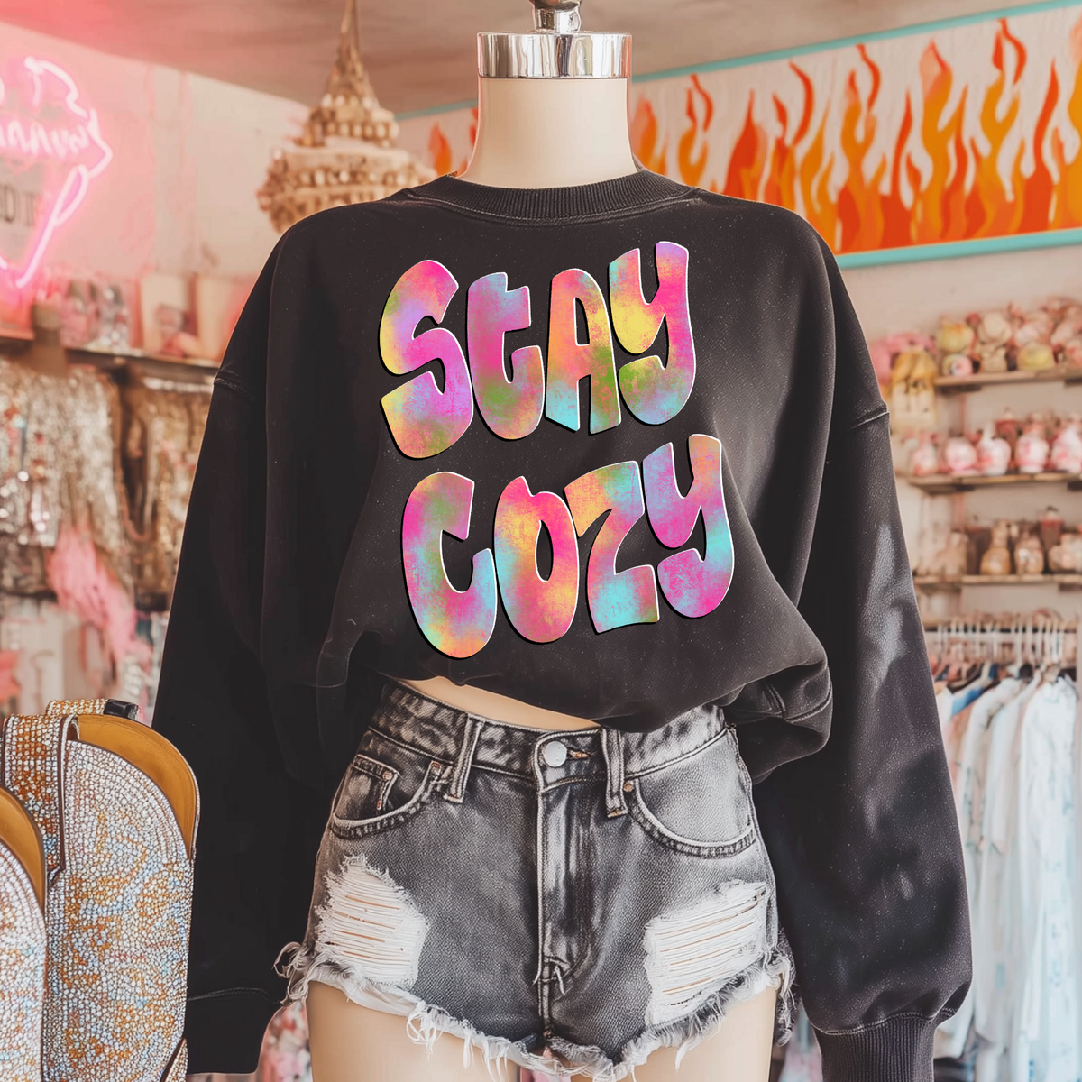 Stay Cozy Retro Shadow Water Colors Digital Design, PNG