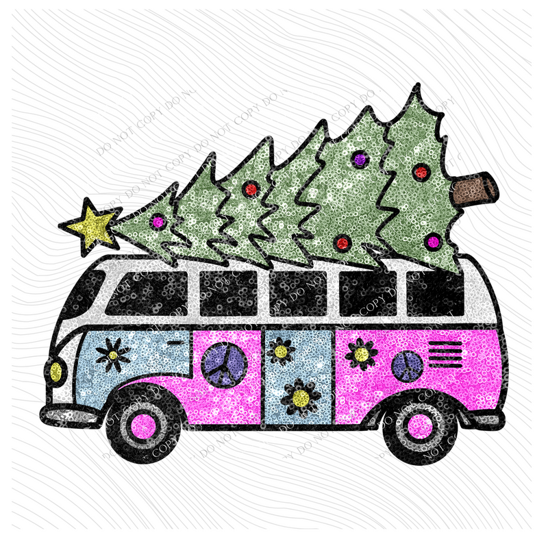 Sparkly Van with Christmas Tree in Faux Sequin Digital Design, PNG