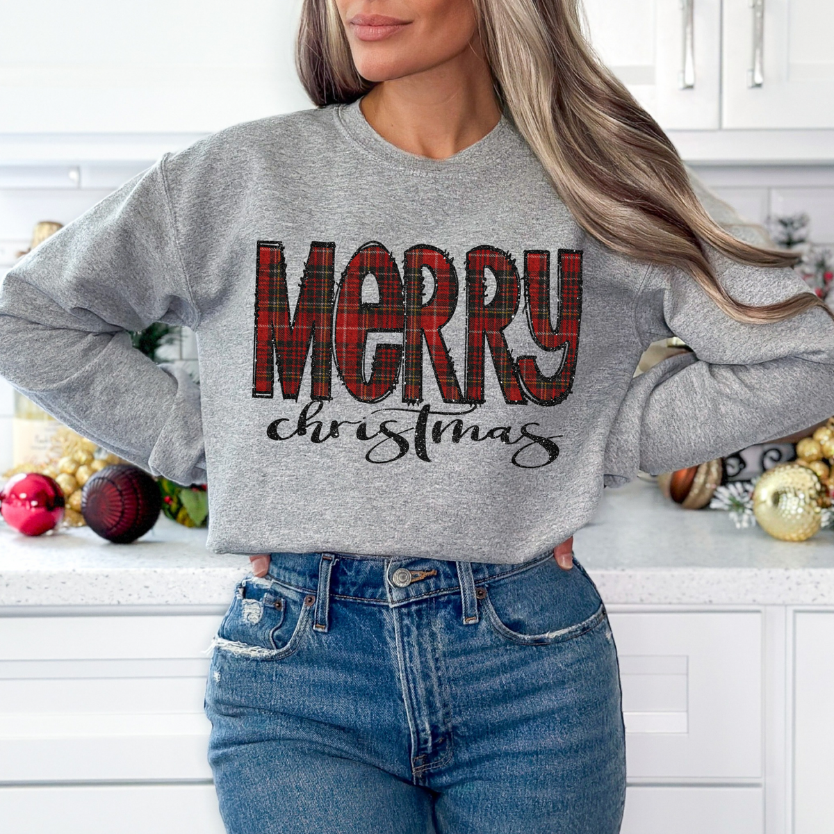 Merry Christmas Glitter & Red Plaid Digital Download, PNG