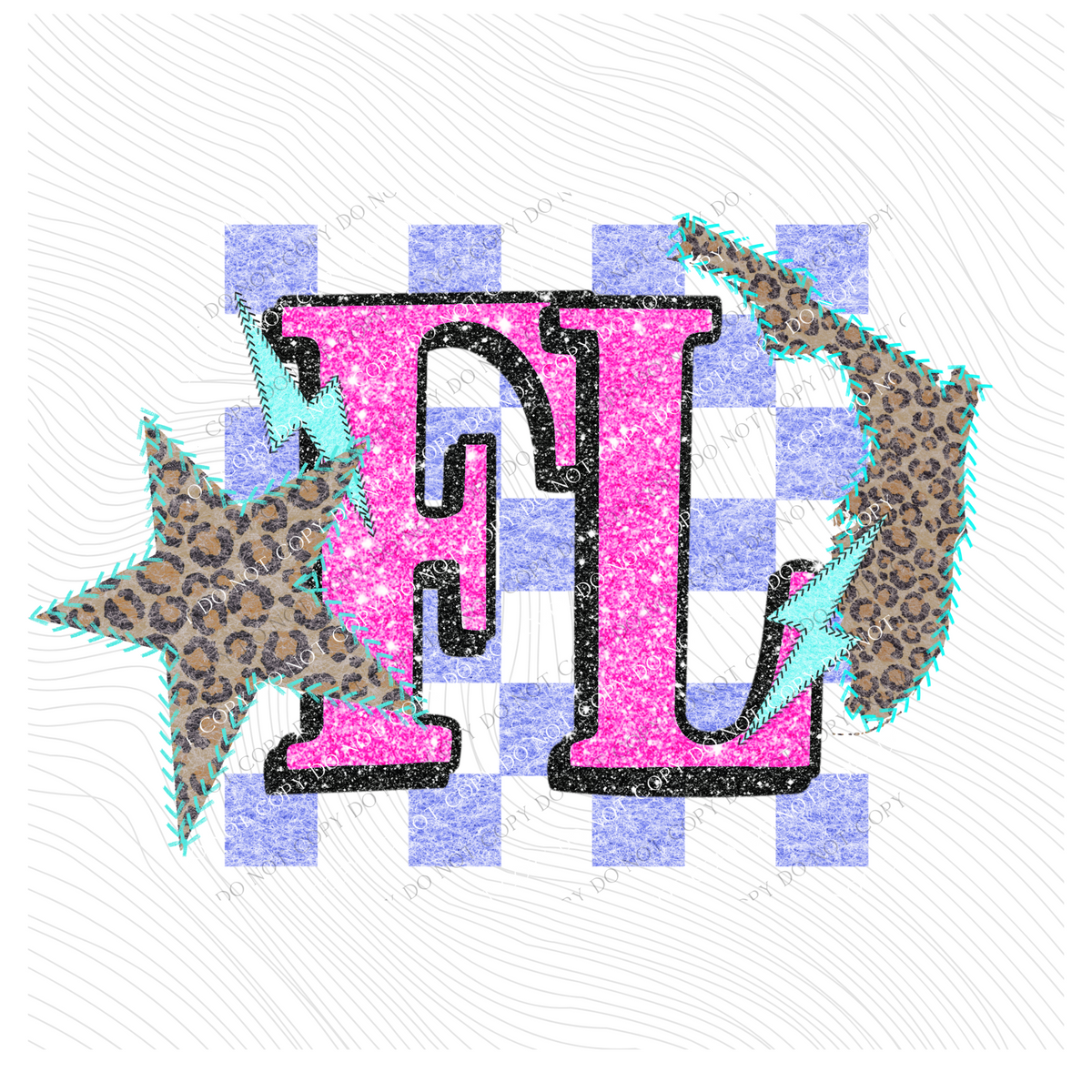 Florida Leopard Checkered Glitter Star & Stitched Bolt & State in Bright Summer Colors Digital Design, PNG