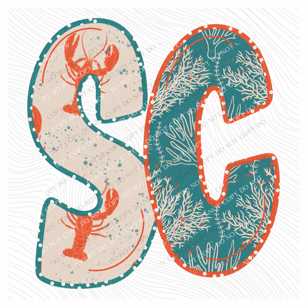 SC South Carolina  Lobster Coral Reef Polka Dot Outline Digital Design, PNG