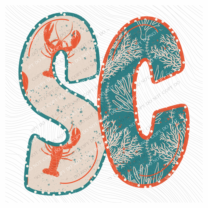 SC South Carolina  Lobster Coral Reef Polka Dot Outline Digital Design, PNG