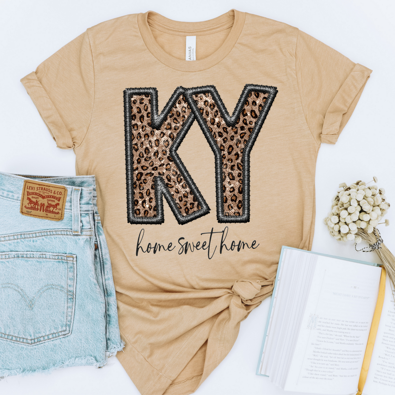 KY Kentucky Faux Embroidery Leopard Sequin with separate Home Sweet Home Script in Black,  Digital Design, PNG