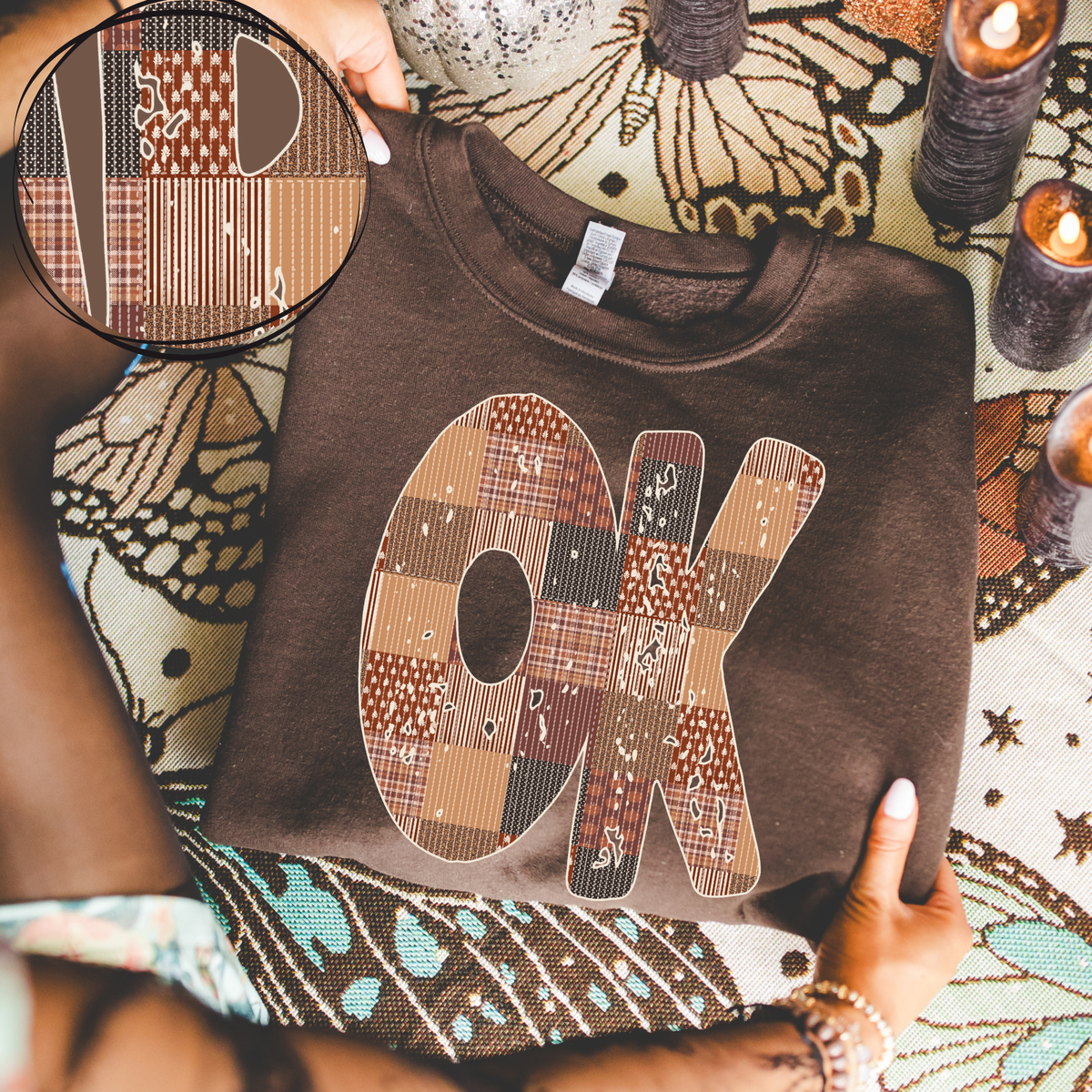Oklahoma OK Autumn Pumpkins Quilted Distressed Digital Design in Browns, PNG