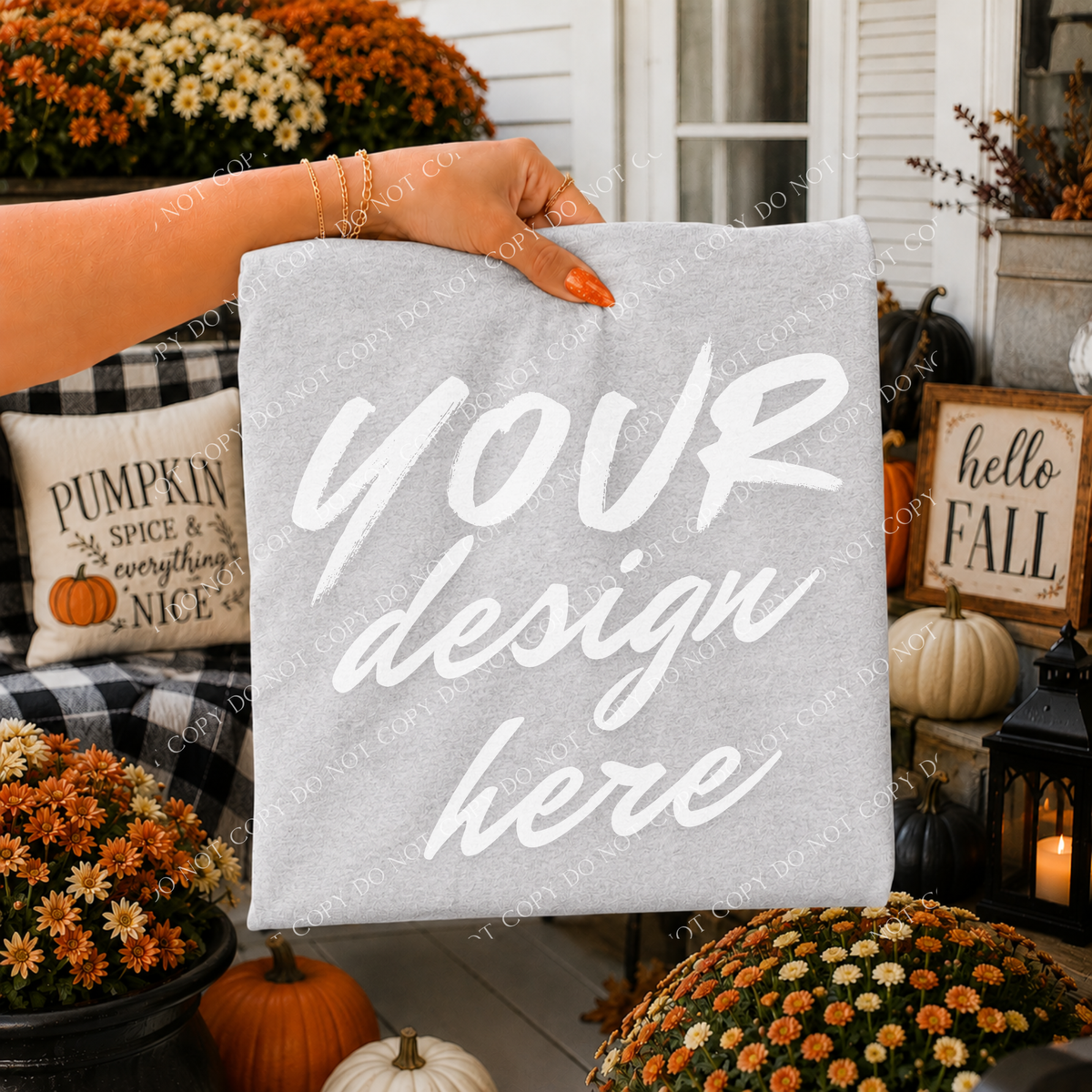 Fall Mums Porch Blank Sweatshirt Mockup, Gildan 18000 Ash