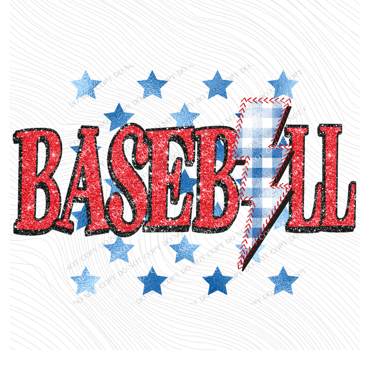 Baseball Glitter with Foil Stars & Gingham Stitched Bolt in Red, White & Blue Patriotic Digital Design, PNG