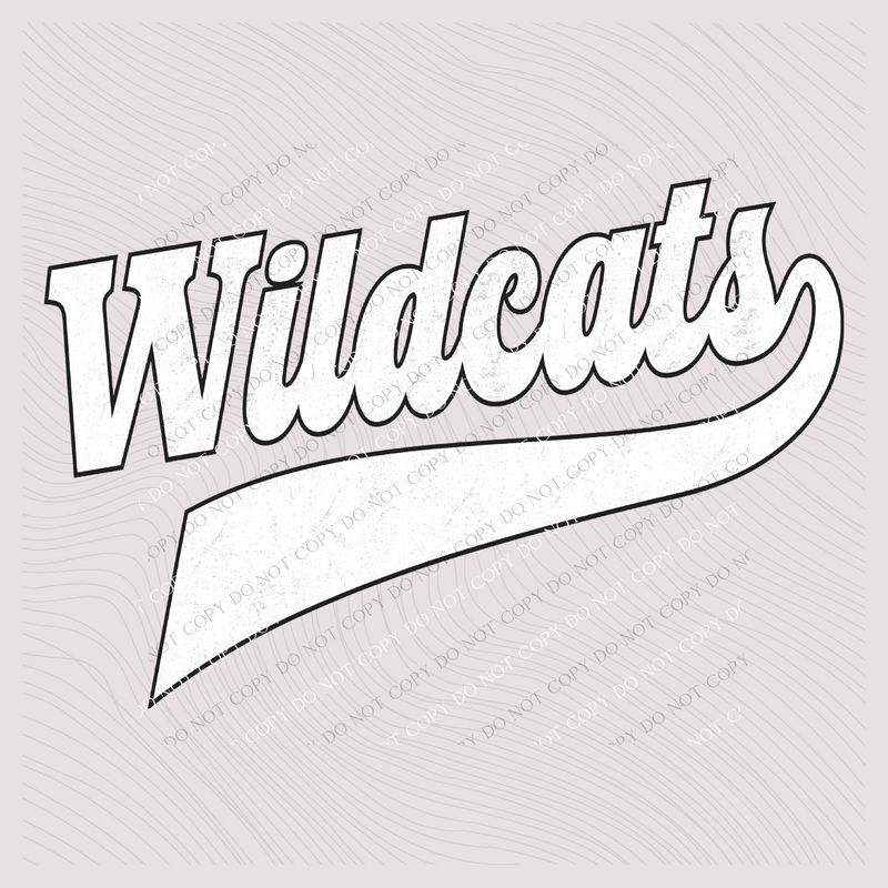 Wildcats Aged Old School Digital Design in White with Black Outline, PNG