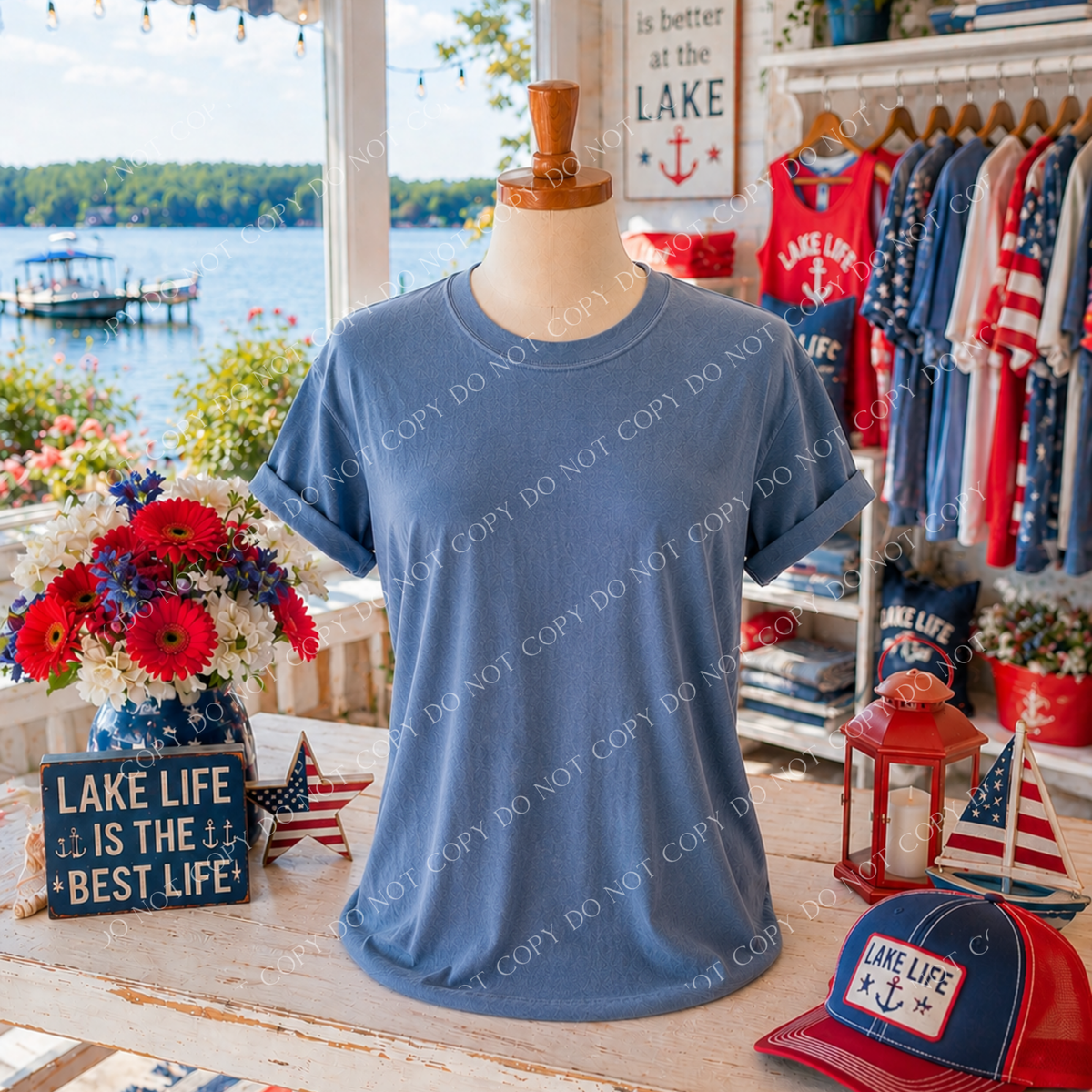 Patriotic Lake Side Blank Mockup, Comfort Colors Washed Denim