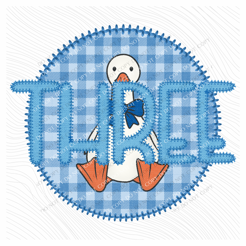 Three Goose Faux Embroidery Stitch Gingham Texture Circle Blue Digital Design, PNG