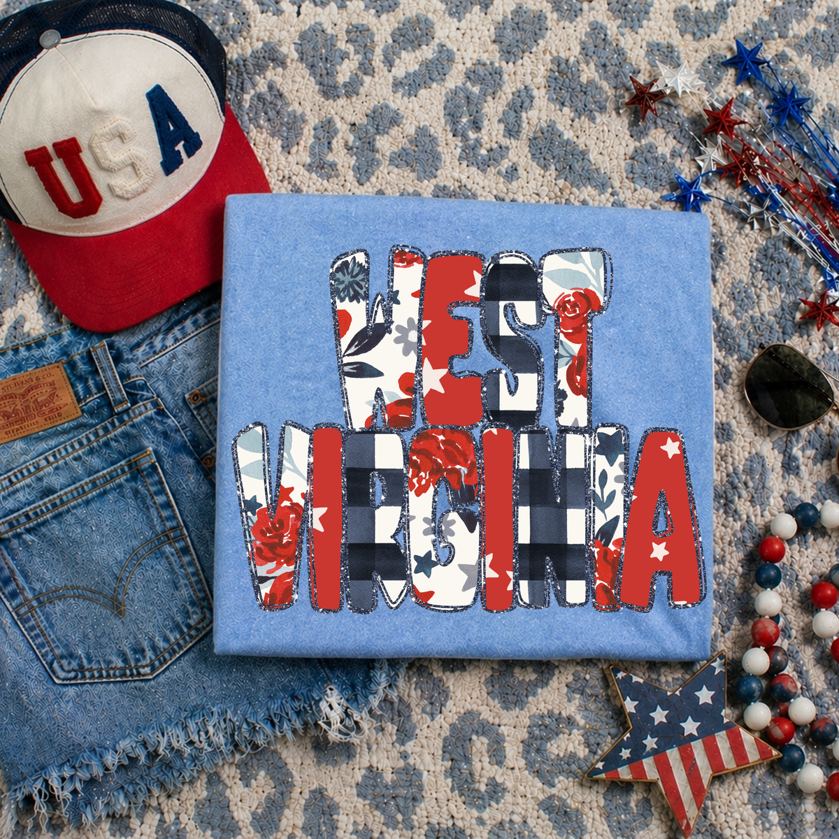 West Virginia Glitter, Floral, Gingham & Stars Patriotic Digital Design, PNG
