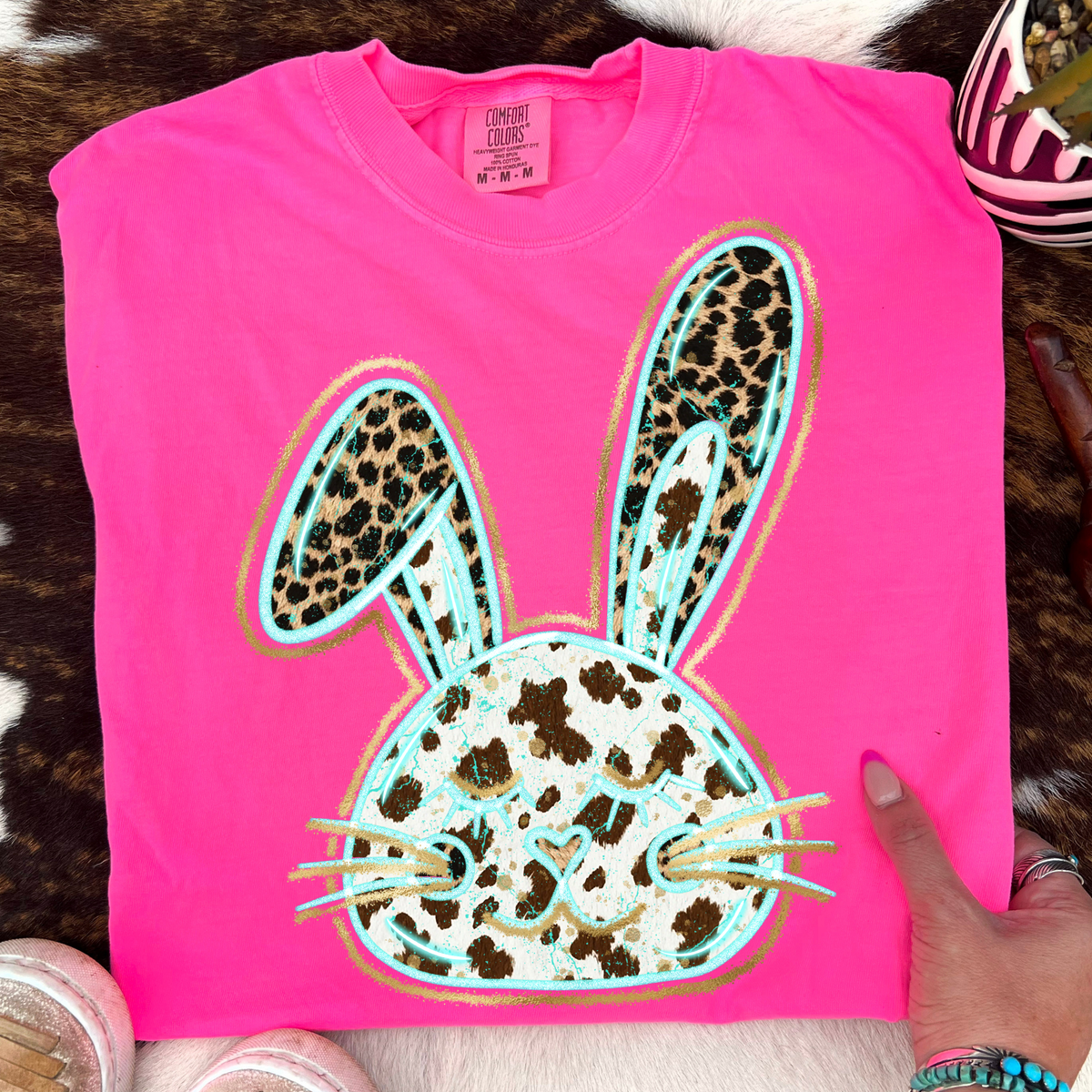 Easter Bunny Turquoise Glow Gold Foil Western Leopard & Cow Print Digital Design, PNG Only