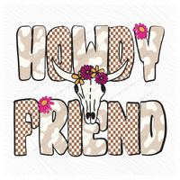 Howdy Friend Cow Print & Gingham with Cow Skull Western Digital Design, PNG